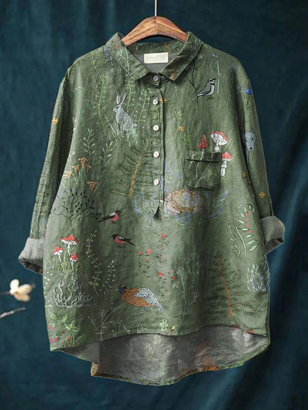 Emily | Woodland and animals repeat pattern met print dames casual shirt