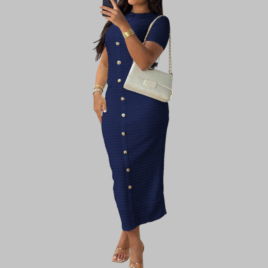 Rachel™ | Elegante ronde hals fake button jurk