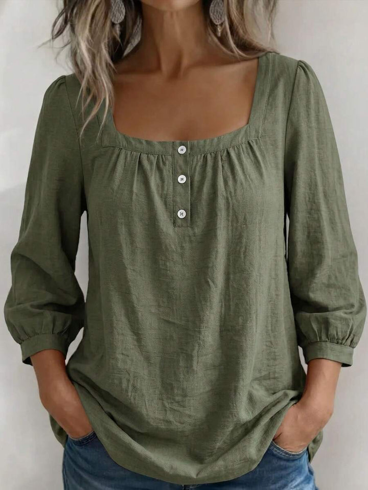 Weeklong Women's Plus Size Spring/Summer Casual Vacation Square Neck Button-Up Mid-Sleeve Solid Color Blouse, Suitable For Daily And Vacation Wear Fall