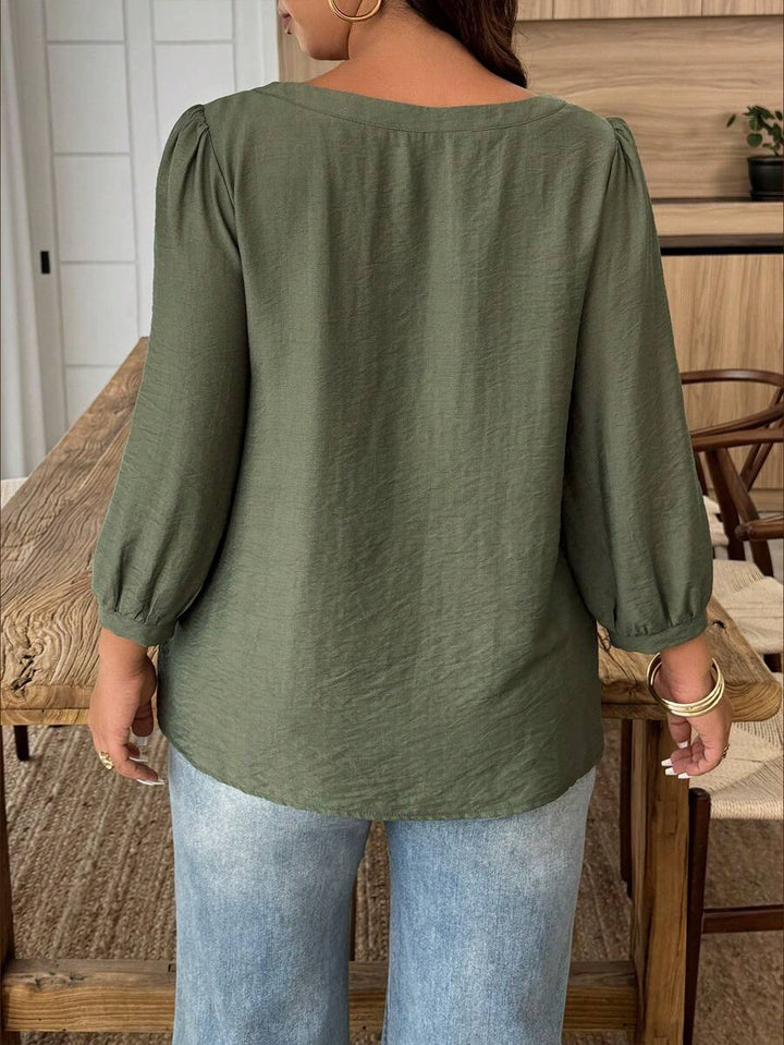 Weeklong Women's Plus Size Spring/Summer Casual Vacation Square Neck Button-Up Mid-Sleeve Solid Color Blouse, Suitable For Daily And Vacation Wear Fall