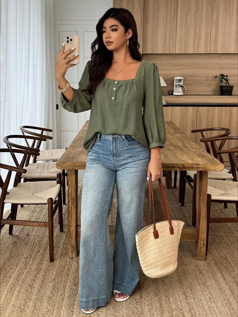 Weeklong Women's Plus Size Spring/Summer Casual Vacation Square Neck Button-Up Mid-Sleeve Solid Color Blouse, Suitable For Daily And Vacation Wear Fall