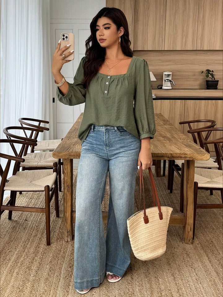 Weeklong Women's Plus Size Spring/Summer Casual Vacation Square Neck Button-Up Mid-Sleeve Solid Color Blouse, Suitable For Daily And Vacation Wear Fall