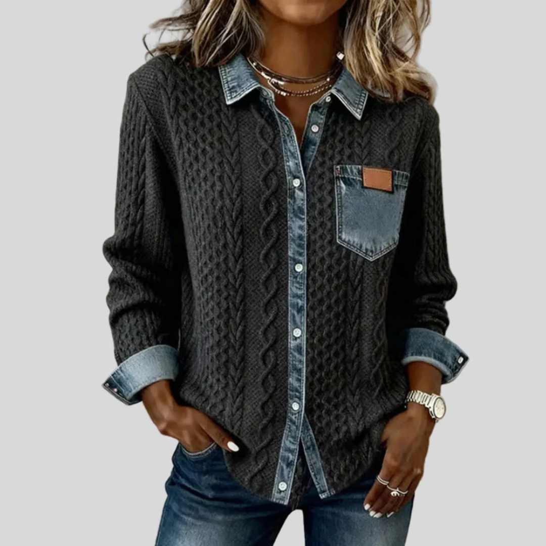 Simone | Gebreide Blouse met Spijkerdetails
