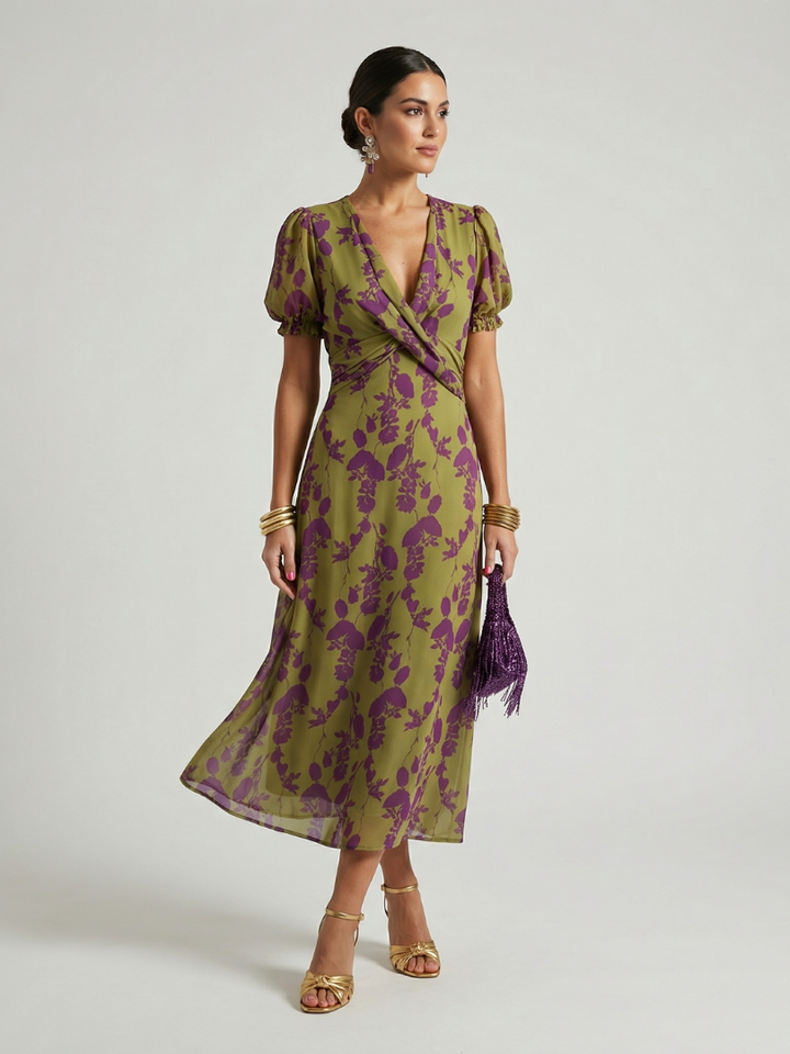 Virel | Elegante bloemen wrap midi jurk with flattering silhouette