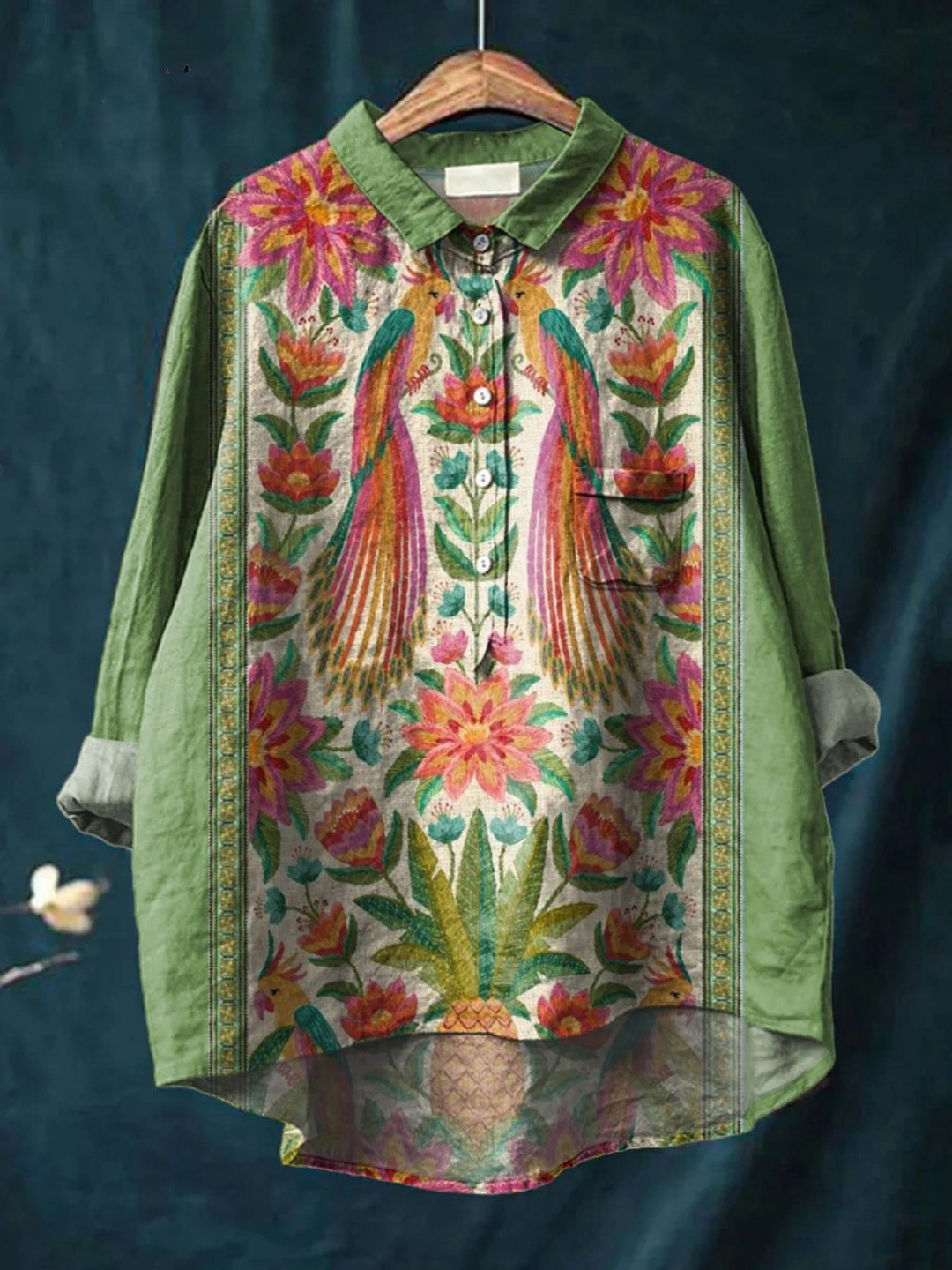 Arabella | Dames vintage lovely bloemen birds art print casual shirt