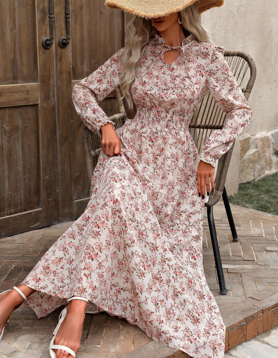Moren™ | Elegante lange mouwen bloemen print a-line jurk
