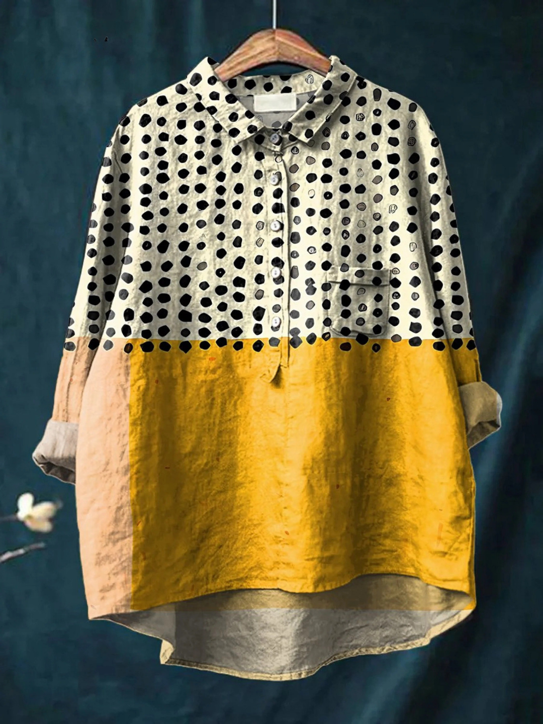 Olivia | Dames yellow colour-blocked dots print casual shirt