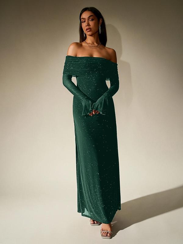 Darcie™ | Off shoulder ruched sequin bodycon avondjurk