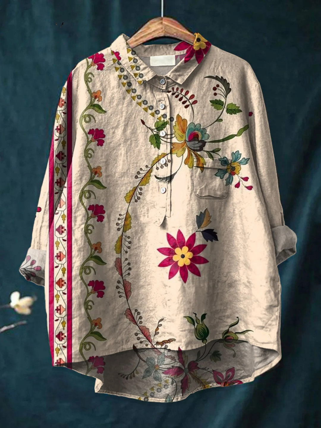 Isla | Dames vintage bloemen art print casual shirt.