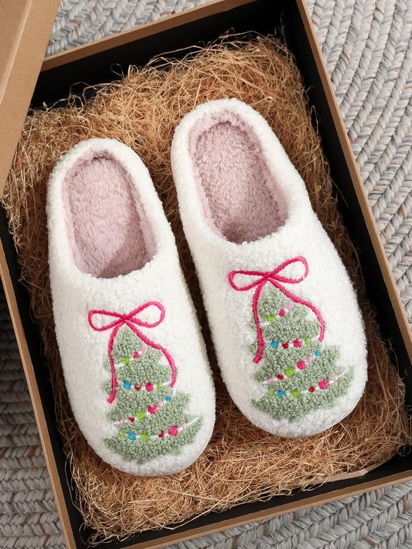 Holly™ | Christmas bowknot embroidered plush slippers with tree design