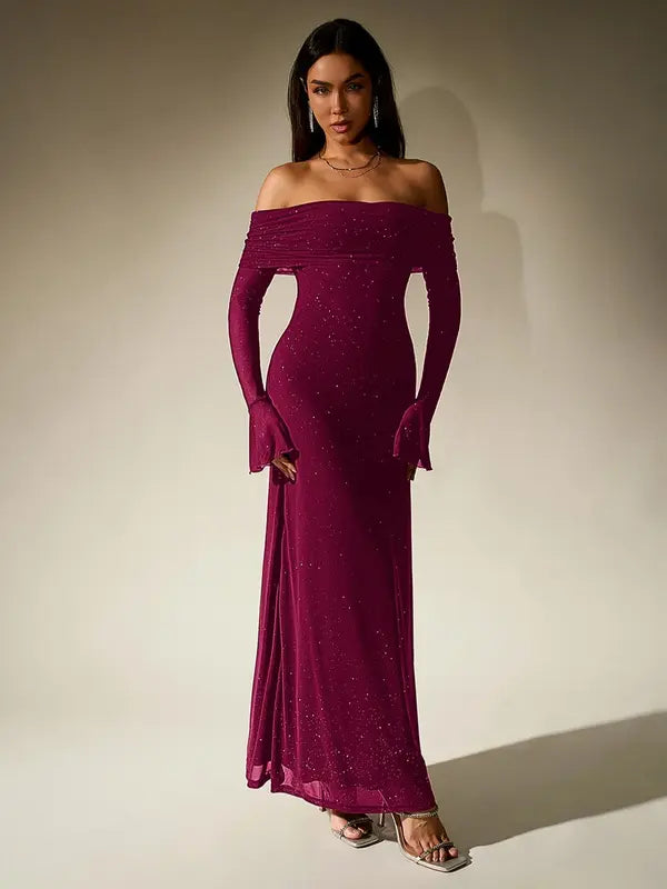 Andrea™ | Dames off-the-shoulder ruched contrast sequin bodycon jurk