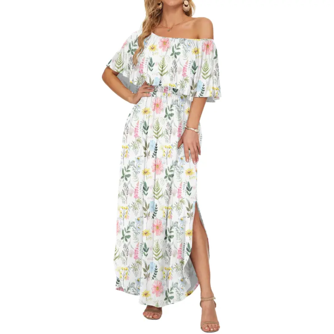 Florentine™ | Bloemen off-shoulder ruffle maxi jurk