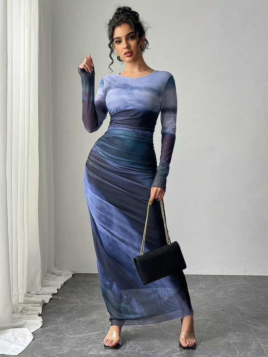 Torina™ | Comfy met print lange mouwen ronde hals bodycon maxi jurk