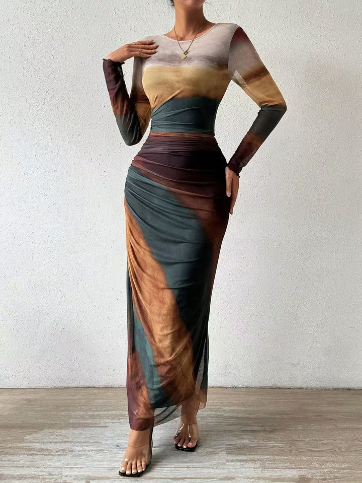 Julia™ | Comfy met print lange mouwen ronde hals bodycon maxi jurk