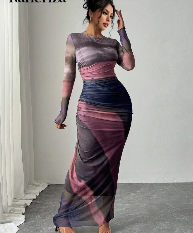 Julia™ | Comfy met print lange mouwen ronde hals bodycon maxi jurk