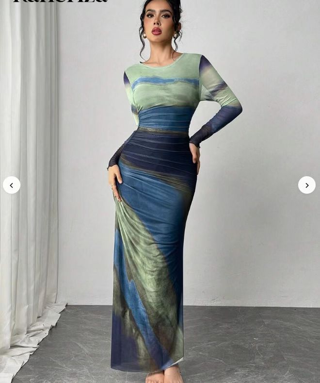 Torina™ | Comfy met print lange mouwen ronde hals bodycon maxi jurk