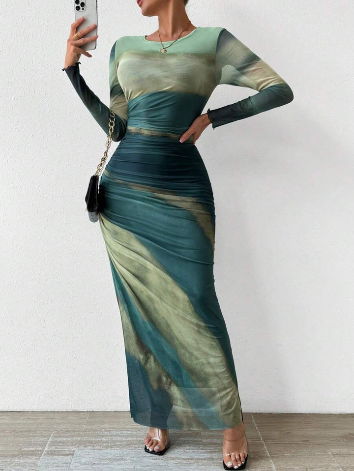 Julia™ | Comfy met print lange mouwen ronde hals bodycon maxi jurk