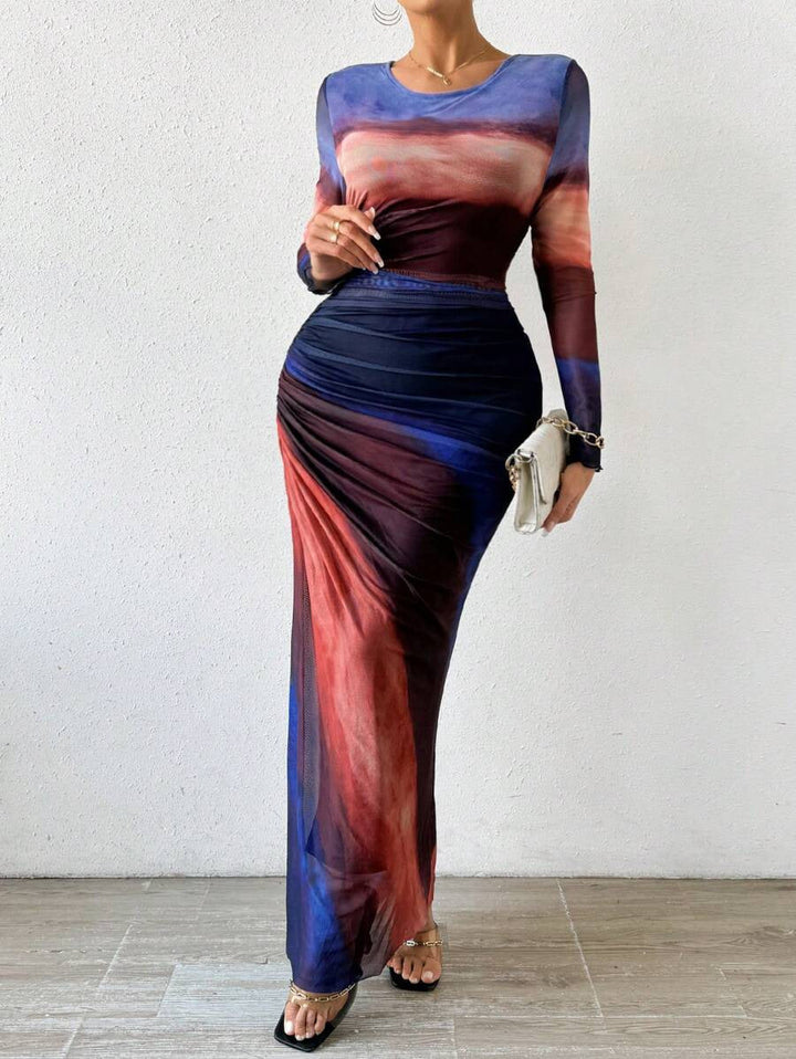 Julia™ | Comfy met print lange mouwen ronde hals bodycon maxi jurk