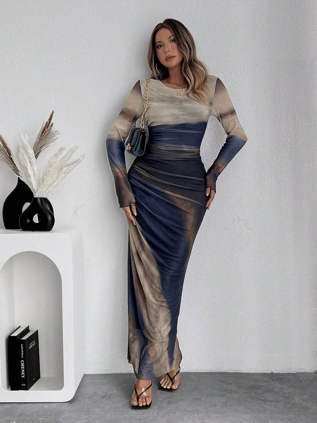 Julia™ | Comfy met print lange mouwen ronde hals bodycon maxi jurk