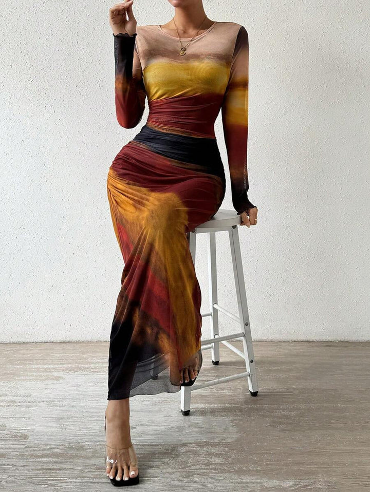 Julia™ | Comfy met print lange mouwen ronde hals bodycon maxi jurk