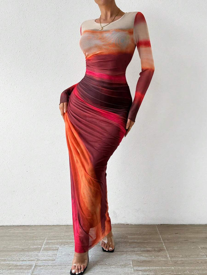 Julia™ | Comfy met print lange mouwen ronde hals bodycon maxi jurk